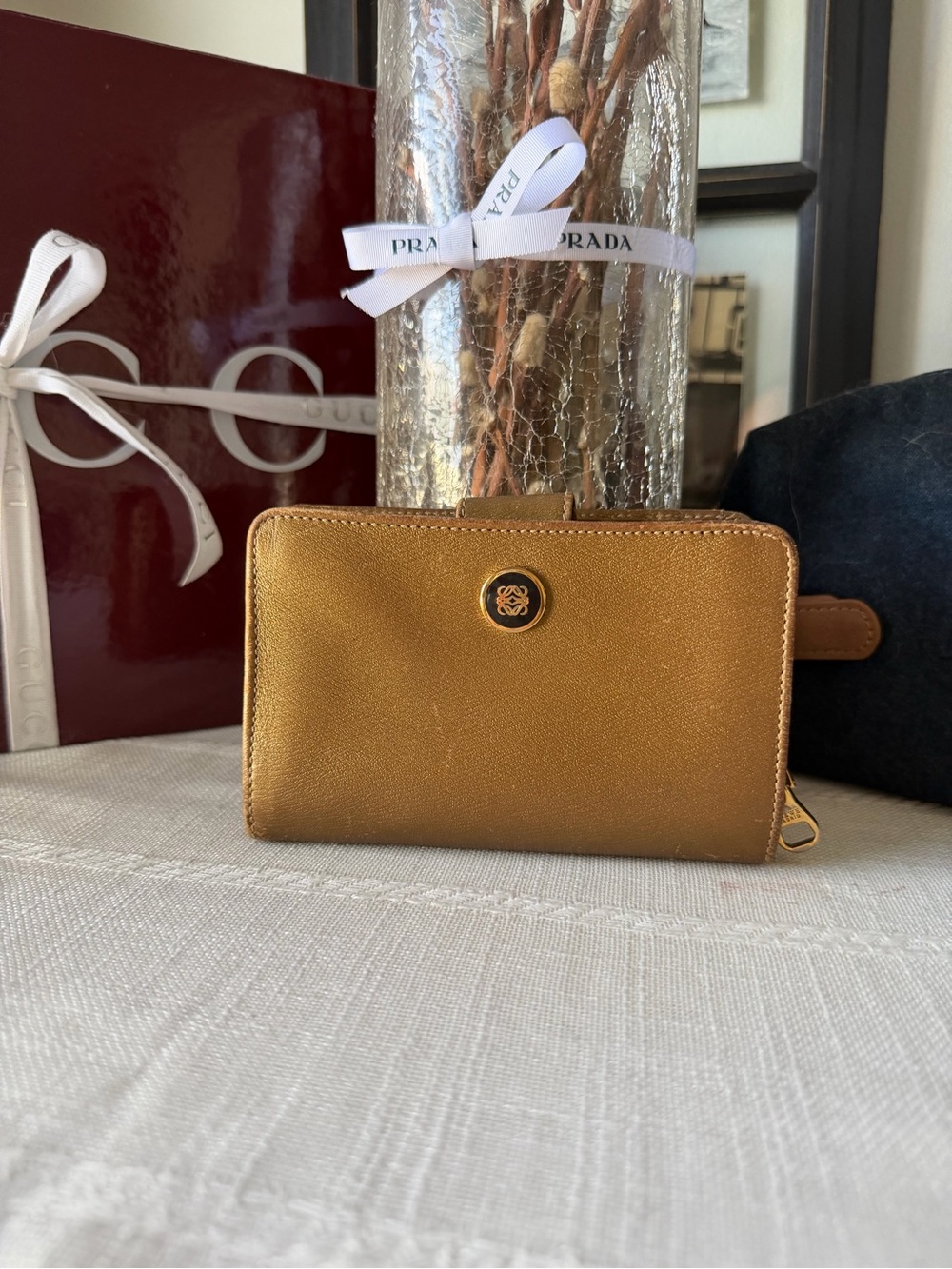 Loewe Metallic Gold Leather Compact Card & Key Holder